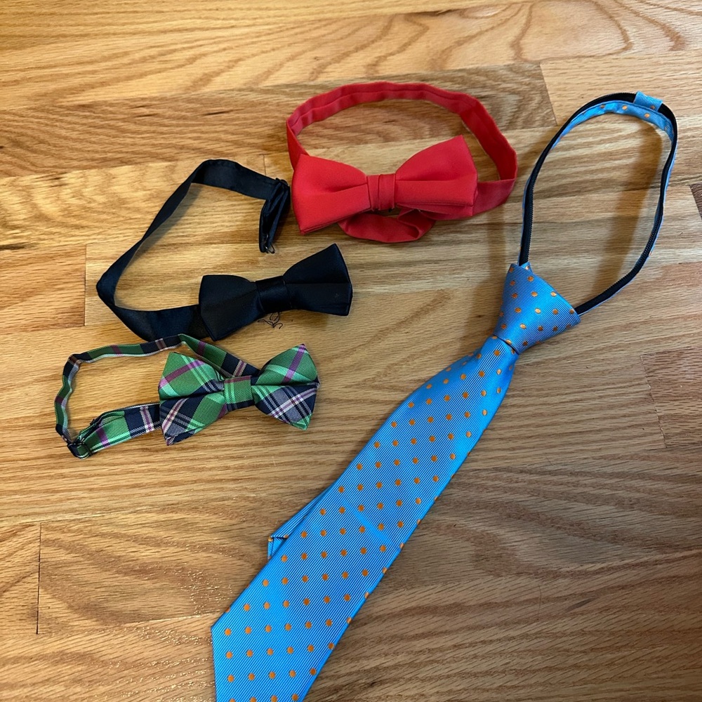 Kids Bow Tie and Necktie Set - Red, Black, Plaid, and Blue